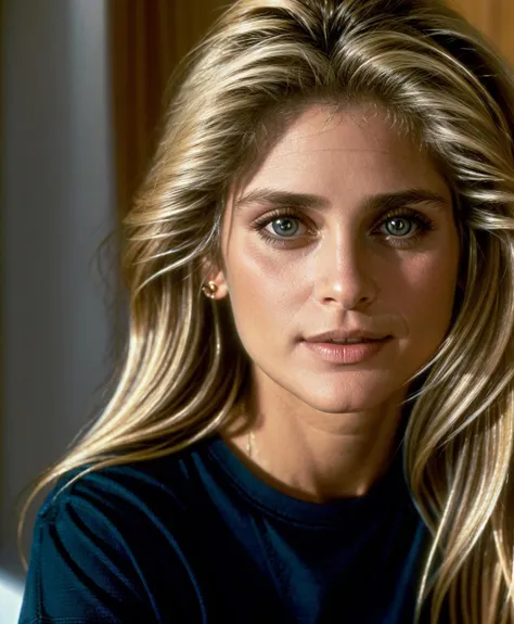 Helen slater, photo,8k,sharp focus,beautiful woman,close up,t-shirt,(detailed eyes:0.8),(looking at the camera:1.4),(highest quality),(best shadow),brown eyes,rim lighting,two tone lighting,dimly lit,low key,intricate details,interior,hair blonde, <lora:h3l3nsl4t3r:1>