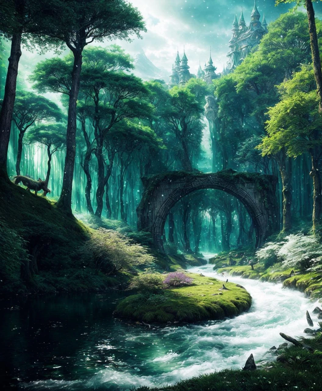 The kingdom of Eldoria stood in the midst of a mystical forest, its towering trees adorned with emerald leaves that shimmered with an otherworldly glow. In this realm, magic flowed like a gentle river, and creatures of fantasy roamed freely. Elves, with their pointed ears and ethereal grace, harmonized with the forest's melody, while unicorns, their coats as white as snow, pranced through the meadows. Yet, a shadow loomed over Eldoriaâa darkness that threatened to engulf this land of wonder. Deep within the heart of the forest, a hidden portal to another realm had cracked open, releasing dark sorcery that began to twist the very essence of Eldoria itself.