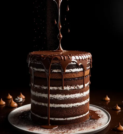 cake, chocolate, liquid splashes, merging, melting, splashing, droplets, mixing, fading away, exploding, swirling, intricate detail, modelshoot style, dreamlikeart, dramatic lighting. 8k, highly detailed, trending artstation