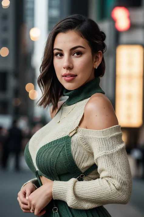 photo of beautiful (jg_dev1nbr:0.99), a woman with beautiful hair, hair upsweep updo, as a movie star in a (movie premiere), premiere gala, (near a movie theatre), natural skin texture, (elegant green knitted sweater off-shoulder with turtleneck), (suspenders:1.2), 24mm, 4k textures, soft cinematic light, adobe lightroom, photolab, hdr, intricate, elegant, highly detailed, sharp focus, ((((cinematic look)))), soothing tones, insane details, intricate details, hyperdetailed, low contrast, soft cinematic light, exposure blend, hdr, faded, (paparazzi in background), (painted lips:1.1), ((looking straight at the camera:1.1))
