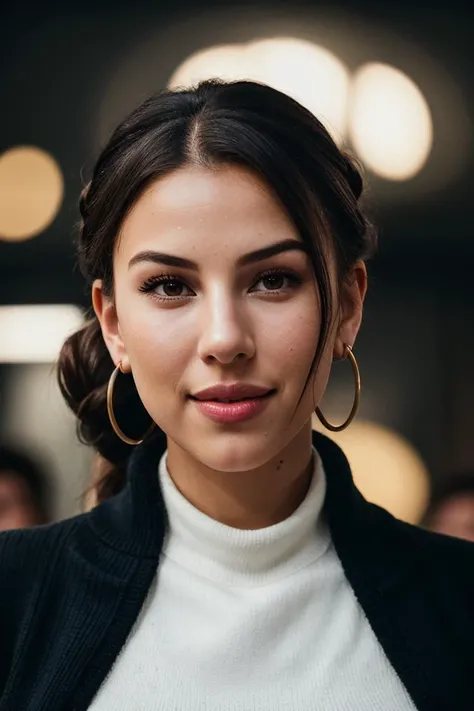 photo of beautiful (jg_dev1nbr:0.99), a woman with beautiful hair, hair upsweep updo, as a movie star in a (movie premiere), premiere gala, (near a movie theatre), natural skin texture, (elegant black knitted turtleneck sweater), (hoop earrings:1.2), 24mm, 4k textures, soft cinematic light, adobe lightroom, photolab, hdr, intricate, elegant, highly detailed, sharp focus, ((((cinematic look)))), soothing tones, insane details, intricate details, hyperdetailed, low contrast, soft cinematic light, exposure blend, hdr, faded, (paparazzi in background), (painted lips:1.1), ((looking straight at the camera:1.1))