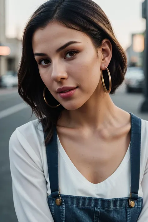photo of beautiful (jg_dev1nbr:0.99), a woman with beautiful hair, hair upsweep updo, as a movie star in a (movie premiere), premiere gala, (near a movie theatre), natural skin texture, (elegant denim overalls), (long sleeve shirt), (suspenders:1.2), 24mm, 4k textures, soft cinematic light, adobe lightroom, photolab, hdr, intricate, elegant, highly detailed, sharp focus, ((((cinematic look)))), soothing tones, insane details, intricate details, hyperdetailed, low contrast, soft cinematic light, exposure blend, hdr, faded, (paparazzi in background), (painted lips:1.1), ((looking straight at the camera:1.1)), (hoop earrings)