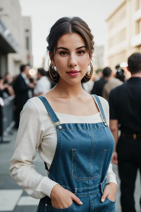 photo of beautiful (jg_dev1nbr:0.99), a woman with beautiful hair, hair upsweep updo, as a movie star in a (movie premiere), premiere gala, (near a movie theatre), natural skin texture, (elegant denim overalls), (long sleeve shirt), (suspenders:1.2), 24mm, 4k textures, soft cinematic light, adobe lightroom, photolab, hdr, intricate, elegant, highly detailed, sharp focus, ((((cinematic look)))), soothing tones, insane details, intricate details, hyperdetailed, low contrast, soft cinematic light, exposure blend, hdr, faded, (paparazzi in background), (painted lips:1.1), ((looking straight at the camera:1.1)), (hoop earrings)