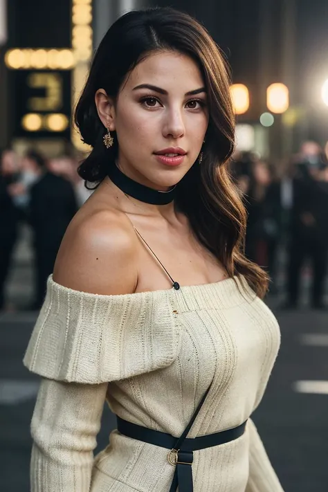 A photograph of a brunette woman with long, straight black hair cascading down her back. She has intense black eyes, white skin with ruddy tones, and beautiful, full lips. The woman is in Dubai, standing against a backdrop of modern skyscrapers and a vibrant sunset sky. She wears a minuscule amount of clothing that glistens under the warm sunlight, emphasizing the feeling of lightness and joy. Her skin is incredibly elaborated, showcasing intricate details and textures. The photograph captures a moment of pure bliss, with the woman's direct gaze radiating confidence and allure. The photograph is heavily inspired by Helmut Newton's meticulous attention to detail and composition.(Taken on: High-resolution digital camera, f/2.8 aperture, 1/800 sec shutter speed, ISO 100, no post-processing.