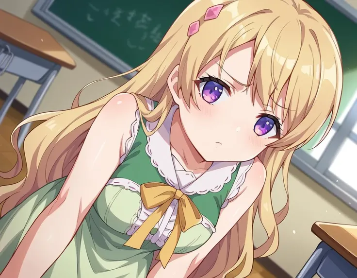 score_9, score_8_up, score_7_up, source_anime,
momokafujiwara, <lora:momoka-fujiwara-ponyxl-lora-nochekaiser:1>
momoka fujiwara, long hair, blonde hair, hair ornament, purple eyes,
dress, green dress, frills, sleeveless, ribbon, yellow ribbon, skirt,
indoors, classroom, bent over,
looking at viewer, dutch angle, cowboy shot,