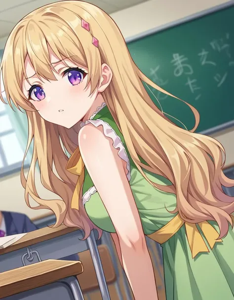 score_9, score_8_up, score_7_up, source_anime,
momokafujiwara, <lora:momoka-fujiwara-ponyxl-lora-nochekaiser:1>
momoka fujiwara, long hair, blonde hair, hair ornament, purple eyes,
dress, green dress, frills, sleeveless, ribbon, yellow ribbon, skirt,
indoors, classroom, bent over,
looking at viewer, dutch angle, cowboy shot,