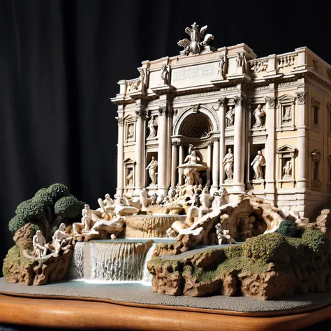 <lora:M1n14tur3_XL-000002:0.9>,photo of (M1n14tur3:1.1) ceramic sculpture of the (Trevi Fountain in Rome:1.3),landscape architecture render,photo realistic,ornate,studio photograph,sitting on a wooden counter with a black cloth background,bokeh,tilt shift,super detailed,intricate,dramatic,shadows,beautiful,insane details,hyperdetailed,8k wallpaper,uhd,hdr,high contrast,