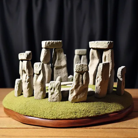 <lora:M1n14tur3_XL-000002:0.9>,photo of (M1n14tur3:1.1) ceramic sculpture of the (Stonehenge:1.3),landscape architecture render,photo realistic,ornate,studio photograph,sitting on a wooden counter with a black cloth background,bokeh,tilt shift,super detailed,intricate,dramatic,shadows,beautiful,insane details,hyperdetailed,8k wallpaper,uhd,hdr,high contrast,