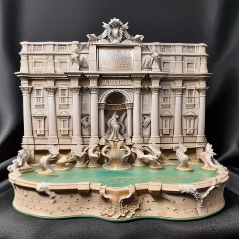 <lora:M1n14tur3:1>,photo of (M1n14tur3:1.1) ceramic sculpture of the (Trevi Fountain in Rome:1.3),landscape architecture render,photo realistic,ornate,on a wooden counter with black cloth background,bokeh,tilt shift,super detailed,intricate,dramatic,shadows,beautiful,insane details,hyperdetailed,studio photograph,dramatic lighting,8K wallpaper,hdr,uhd,high contrast,
