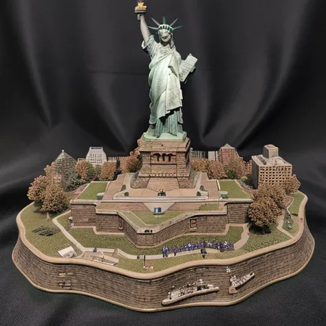 <lora:M1n14tur3:0.9>,photo of (M1n14tur3:1.1) ceramic sculpture of the (Statue of Liberty:1.3),landscape architecture render,photo realistic,ornate,studio photograph,sitting on a wooden counter with a black cloth background,bokeh,tilt shift,super detailed,intricate,dramatic,shadows,beautiful,insane details,hyperdetailed,8k wallpaper,uhd,hdr,high contrast,