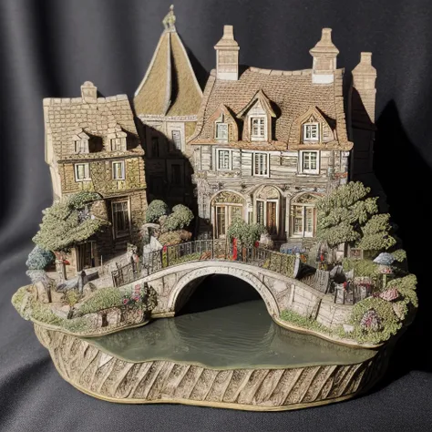 <lora:M1n14tur3:0.9>,photo of (M1n14tur3:1.1) ceramic sculpture of cozy european village,extremely detailed,canals,bridges,19th century architecture,trees,birds,landscape architecture render,photo realistic,ornate,studio photograph,sitting on a wooden counter with a black cloth background,bokeh,tilt shift,super detailed,intricate,dramatic,shadows,beautiful,insane details,hyperdetailed,8k wallpaper,uhd,hdr,high contrast,