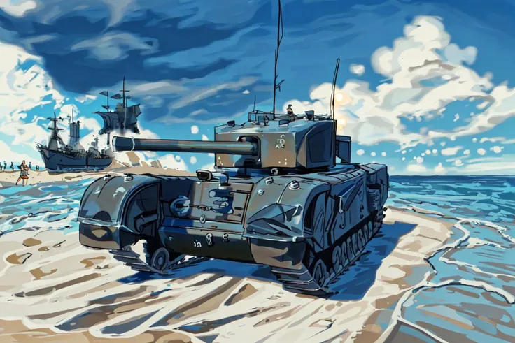 churchill tank, beach, invasion, ships, obstacles, fortress,
