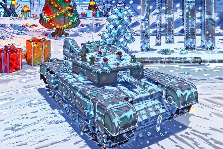 churchill tank, Xmas, ice covered, snow covered, neatly wrapped , with icicles, icicles, mistletoe, red tinsel, xmas tree, decorations, presents, santa claus