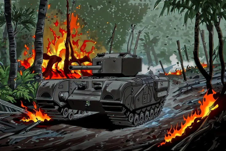 churchill tank, jungle, war zone, explosions, fire, mud, smoke,