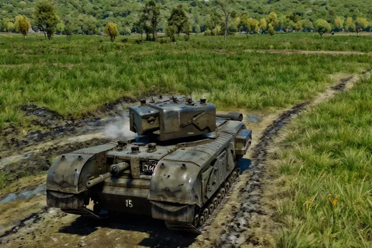 <lora:King_Tiger_Tank:1> a lone king tiger tank waits in a meadow, mountainous horizon, field, cobblestone wall, tree, picturesque, scenic, vista