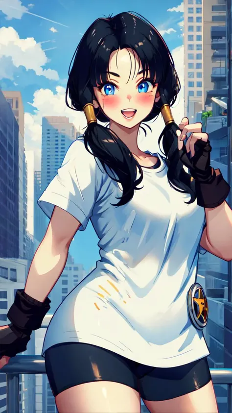 lumen reflections, natural lighting, evocative, triadic color scheme, cowboy shot, elegant, voluptuous:0.6, looking at viewer, 1girl, female, solo, blush, open mouth, smile, teeth, sfw, <lora:videl_v3:1>, videl2, twintails, black hair, blue eyes, shirt, white shirt, shorts, black shorts, bicycle shorts, gloves, black gloves, fingerless gloves, city scenery, day time