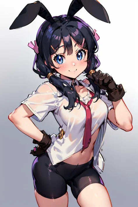masterpiece, best quality, highres, videl2, solo, blue eyes, black hair, twintails, black gloves, bike_shorts, bangs, white shirt, badge, medium breasts, <lora:videl_v10:0.7>, cowboy shot, naughty smile, naughty face, hand on hip, leaning forward, pointing at viewer, mai_7