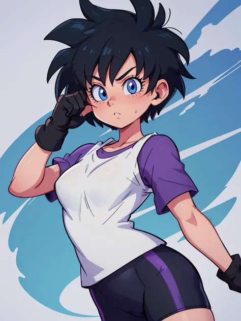 RAW photo, (high detailed skin, detailed eyes:1.1), intricate details, best quality, 8k uhd, soft lighting, videl1, solo, blue eyes, black hair, short hair, black gloves, bike shorts, bangs, purple shirt, white shirt, purple short sleeves, medium breasts <lora:videl_v3:0.7>