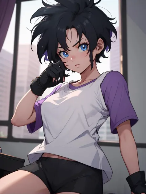 RAW photo, (high detailed skin, detailed eyes:1.1), intricate details, best quality, 8k uhd, soft lighting, videl1, solo, blue eyes, black hair, short hair, black gloves, black shorts, bangs, purple shirt, white shirt, purple short sleeves, medium breasts  <lora:videl_v3:0.7>