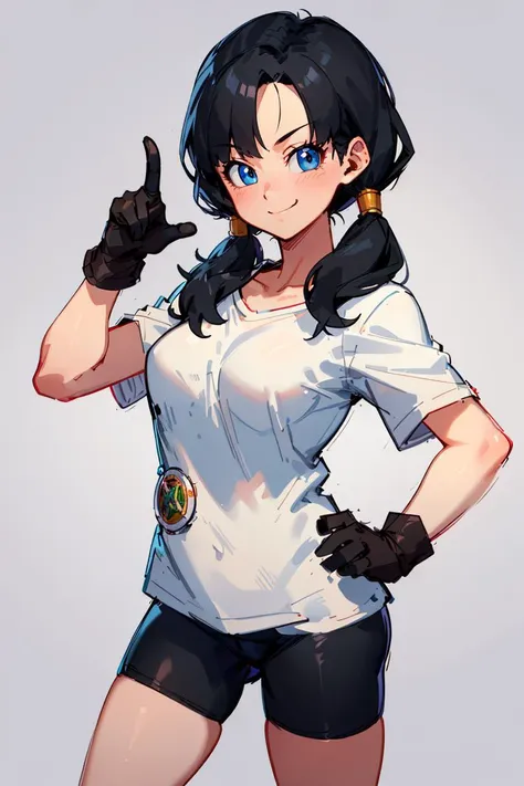 masterpiece, best quality, highres, videl2, solo, blue eyes, black hair, twintails, black gloves, bike_shorts, bangs, white shirt, badge, medium breasts, <lora:videl_v10:0.7>, cowboy shot, naughty smile, naughty face, hand on hip, leaning forward, pointing at viewer,