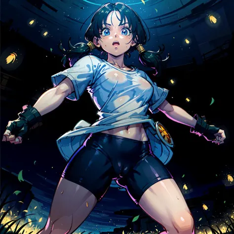 ((female character stands in a dark cave filled with green fireflies)) fighting_stance, dark cavern filled with green light, glowing fireflies, <lora:videl_v10:1>, videl2, black bike_shorts, fingerless_gloves, skindentation, cameltoe, blue eyes, pigtails, long_white_shirt