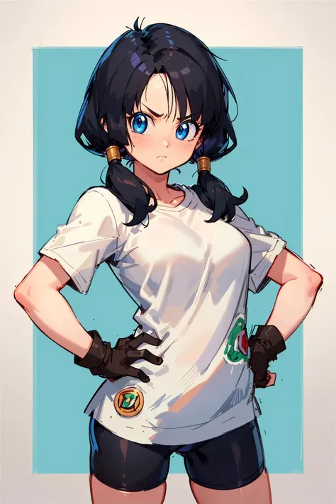 masterpiece, best quality, highres, videl2, solo, blue eyes, black hair, twintails, black gloves, bike_shorts, bangs, white shirt, badge, medium breasts, <lora:videl_v10:0.7>, cowboy shot, frown, hand on hip, leaning forward, pointing at viewer,