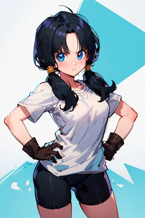 masterpiece, best quality, highres, videl2, solo, blue eyes, black hair, twintails, black gloves, bike_shorts, bangs, white shirt, badge, medium breasts, <lora:videl_v10:0.7>, cowboy shot, frown, hand on hip, leaning forward, pointing at viewer,