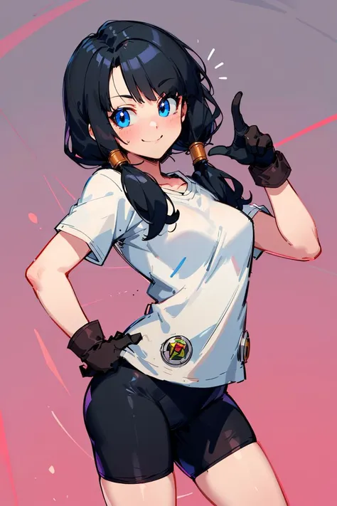 masterpiece, best quality, highres, videl2, solo, blue eyes, black hair, twintails, black gloves, bike_shorts, bangs, white shirt, badge, medium breasts, <lora:videl_v10:0.7>, cowboy shot, naughty smile, naughty face, hand on hip, leaning forward, pointing at viewer,