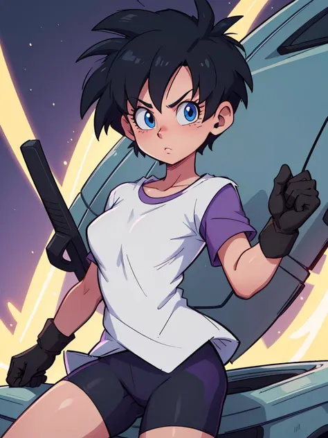 RAW photo, (high detailed skin, detailed eyes:1.1), intricate details, best quality, 8k uhd, soft lighting, videl1, solo, blue eyes, black hair, short hair, black gloves, bike shorts, bangs, purple shirt, white shirt, purple short sleeves, medium breasts <lora:videl_v3:0.7>