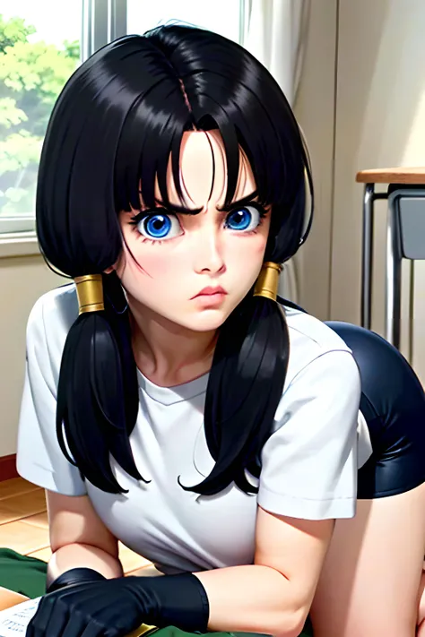 1girl, classroom, dynamic view,, videl2,blue eyes, black hair, twintails, black gloves, bike_shorts, bangs, white shirt, badge, <lora:videl_v10:0.8>, (((anime))),masterpiece, best quality, intricate details, 8k uhd, perfect face, perfect eyes, <lora:restfeetup55_rvkwi:0.7>, solo, 1 girl, lying down ,soles, <lora:LookingDisgusted_V1:0.3>, ((looking disgusted)),very angry,disappointed
