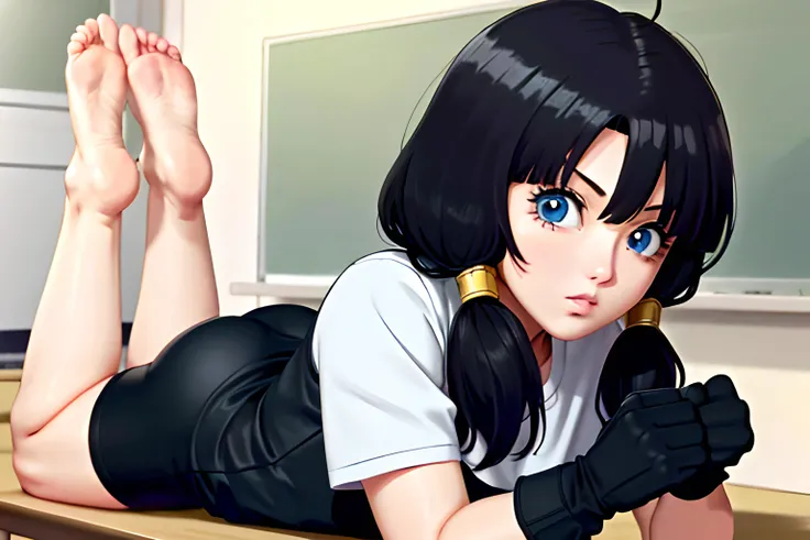 1girl,  classroom, dynamic view,, videl2,blue eyes, black hair, twintails, black gloves, bike_shorts, bangs, white shirt, badge, <lora:videl_v10:0.8>, (((anime))),masterpiece, best quality, intricate details, 8k uhd, perfect face, perfect eyes, <lora:restfeetup55_rvkwi:0.7>, solo, 1 girl, lying down ,soles