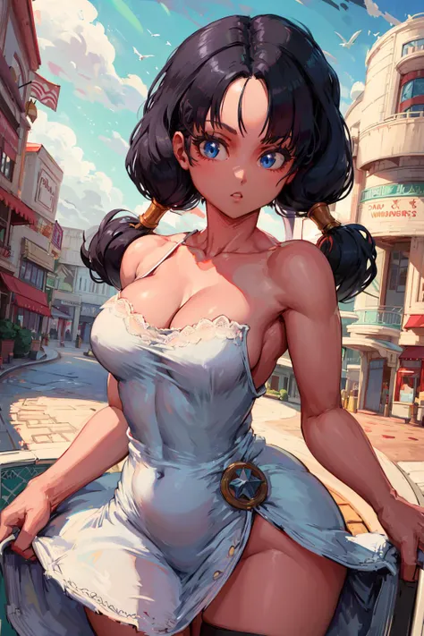 masterpiece, best quality, highres, videl2, solo, blue eyes, black hair, twintails, medium breasts, <lora:videl_v10:0.7>, cowboy shot, mall, high-waist skirt,