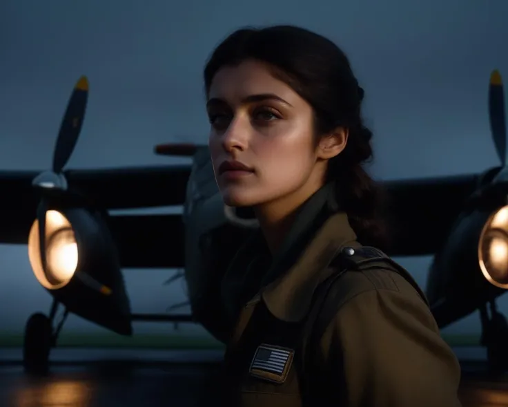 anya_chalotra, <lora:AnyaChalotraXL:1>,female pilot, ww2, world war 2, wearing a pilot jumpsuit, ((foggy night, midnight, red moon)),, ((sharp face, detailed face, realistic face, naturtal skin, realistic skin, detailed skin, pores, detailed eyes,realistic eyes)),, (masterpiece, best quality, ultra-detailed, best shadow), high contrast, (best illumination), ((cinematic light)), colorful, hyper detail, dramatic light, intricate details, (1 girl, solo) , ultra detailed artistic photography, dreamy, backlit, shadows, ultra high definition, 8k, ultra sharp focus, ultra high quality model, soft lighting, film photography, analogue photography, hyperrealism,