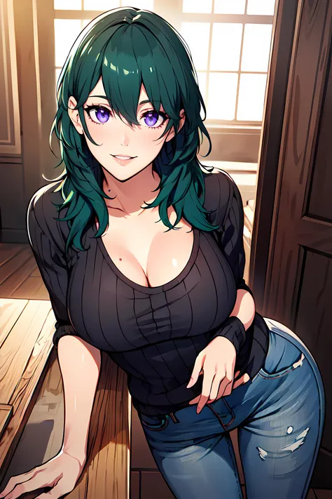 masterpiece,best quality, unreal engine, ultra res, extremely detailed,
1girl, large breasts,  waist , (muscular:0.4) ,slender,
<lora:Character_ort_byleth_fe3h_v0.8:0.7>
byleth,
deep green hair, amethyst eyes
oversized sweater,denim pants,
watching at viewer, smile, parted lips, sexy pose,
<lora:Style_hews_style:0.4>hews style <lora:Style_cutesexyrobutts_v2:0.>CSR STYLE
<lora:Style_puuzaki-puuna-lora-v1:0.><lora:Style_anmnr01AOM3A1:0.2>
<lora:Concept_Round_Breasts_V7:0.2>ROUND BREASTS, medium  BREASTS