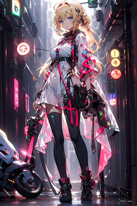 <lora:Cyberworld_20230622141420:1> Cyberworld, Transparent clothes, blue theme,, ultra detailed, masterpiece, best quality, aesthetic, detailed,, solo, soft smile, light smile,
1girl, blue eyes, very long hair, blonde hair, long blonde hair, french braid, bangs, medium breasts,