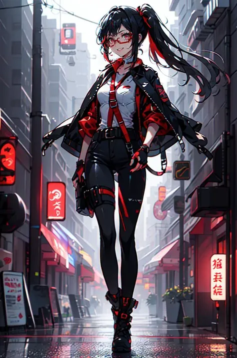 <lora:Cyberworld_20230622141420:0.8> Cyberworld, Transparent clothes, (red-framed eyewear:1.3),, ultra detailed, masterpiece, best quality, aesthetic, detailed,, solo, smug smile, 1girl, purple eyes, red-framed eyewear, (black hair, red colored tips:1.2), red streaked hair, very long hair, side ponytail, tied hair, medium breasts,, <lora:StS-Coat-and-Jacket-On-Shoulders-Iteration2:0.7> dataset, jacket on shoulders, coat on shoulders, red dress, sleeves rolled up, fingerless gloves, holster, belt, multiple belts, combat boots, bulletproof vest, pants, black coat, tactical clothes,