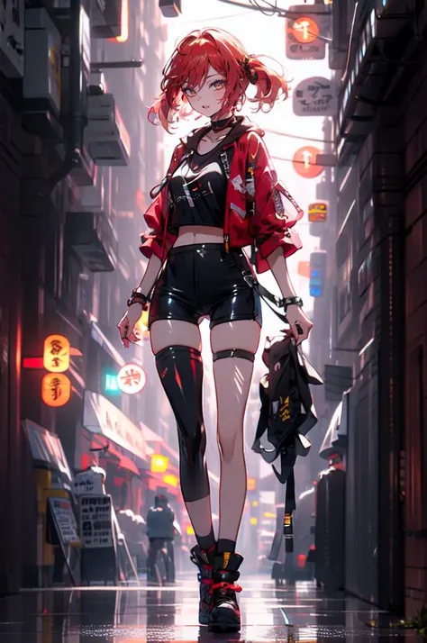 <lora:Cyberworld_20230622141420:1> Cyberworld, Transparent clothes,, ultra detailed, masterpiece, best quality, aesthetic, detailed,, solo, 1girl, red hair, orange eyes, amber eyes, swept bangs, parted bangs, <lora:LowTwintailsHelper:1> low twintails,
short hair, medium hair, small breasts, <lora:Tsurime3:1>, (tsurime:1.2),, leggings, leather jacket, long shirt, combat boots, hoodie,