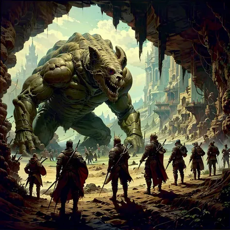 weapon, monster, sword, holding, shield, multiple boys, holding weapon, armor, cave, helmet, standing, from behind, polearm, multiple others, cape, ws7,
Best quality,masterpiece,ultra high res,<lora:ws8:0.7>,