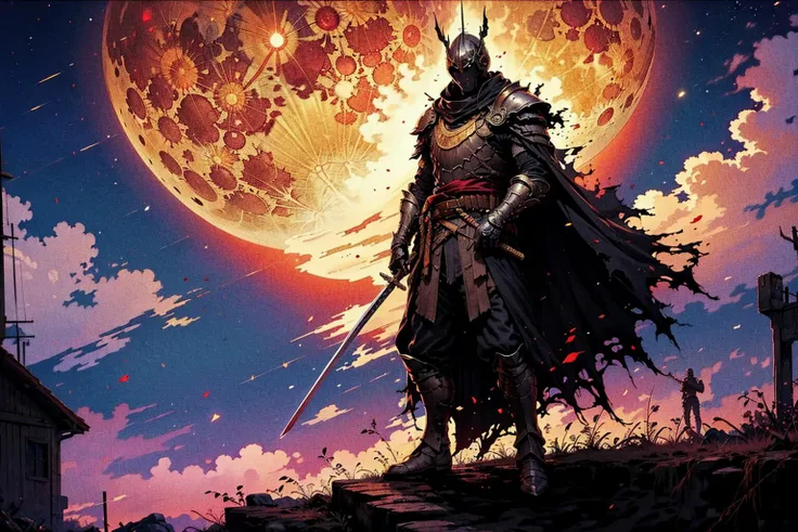 weapon,sword,solo,moon,holding weapon,armor,1boy,helmet,holding sword,holding,male focus,gauntlets,cape,red moon,torn clothes,torn cape,full moon,full armor,standing,night,planted,shoulder armor,sky,ws7,
Best quality,masterpiece,ultra high res,<lora:ws8:0.7>,