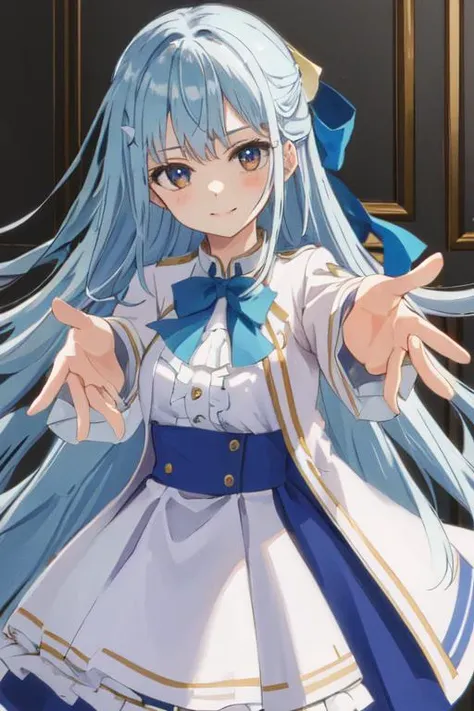 masterpiece, best quality,
euphyllia with blue bowtie, white coat and blue dress, reaching out hands to viewer <lora:tenten_couple:1>