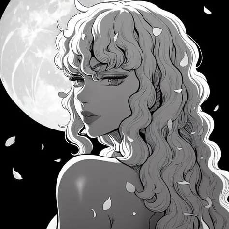 monochrome, highres,masterpiece,<lora:kentaro_miura_berserk-46:1> kentaro_miura_berserk, long hair, looking at viewer, greyscale, looking back, lips, petals, eyelashes, wavy hair, moon, full moon,