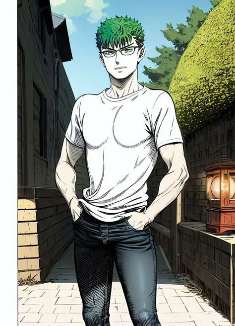 highres,masterpiece,<lora:kentaro_miura_berserk-46:1.0> kentaro_miura_berserk, 1boy, solo, male focus, medium hair, grin, hands in pockets, jeans, green hair, glasses, green eyes, short sleeves, tan, outdoors, city, lantern, multicolored background, detailed background, nib pen (medium)