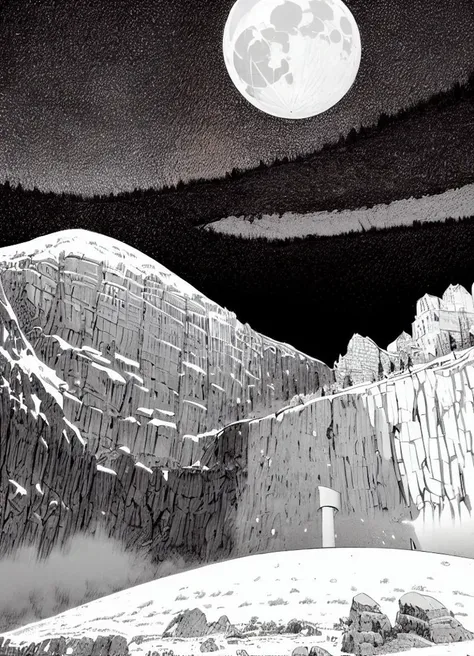 monochrome, highres,masterpiece,<lora:kentaro_miura_berserk-46:1> kentaro_miura_berserk, greyscale, outdoors, traditional media, scenery, nib pen (medium), sky, detailed shadow, mountain, cliff, waterfall, night, full moon, large moon, peaks, snow, rocks, boulders