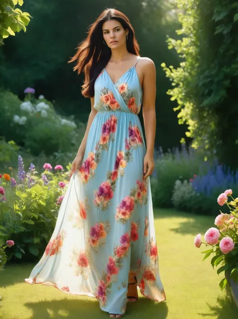 Role-playing game (RPG) style fantasy, Romanticism Photorealism <lora:KorinthiouSDXL-000008:1>, KorinthiouSDXL in an (elegant:1.2) summer floral maxi dress, dress transforming gradually to bouquet of flowers, in a beutiful colorful garden, Photorealism, often for highly detailed representation, photographic accuracy, or visual illusion., Romanticism, often for emotional expression, nature scenes, or romantic ideals., Detailed, vibrant, immersive, reminiscent of fantasy RPG games