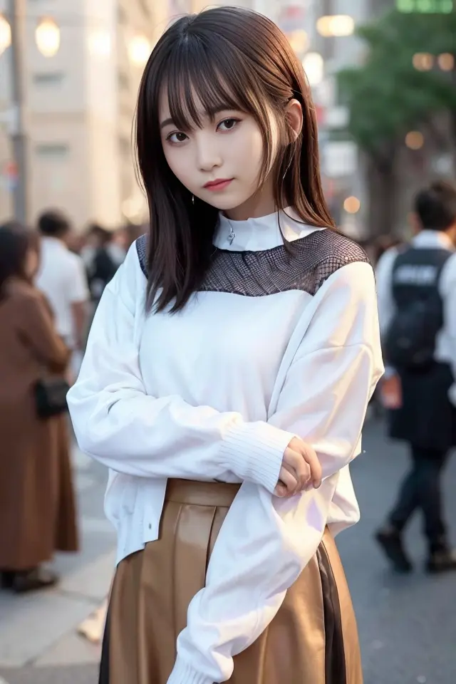 (skin blemish:1.2), (skindentation), black eye, 1woman, 25yo, (((woman))), solo, realistic, best quality, photorealistic, masterpiece, 8k, high res, solo, extremely detailed face, (professional lighting, bokeh), (light particles, lens flare, glowing particles:0.6), (dynamic pose:1.2), soft lighting, top angle view, fashionable and trendy atmosphere, japan, street, tokyo, city, ((daytime)), sky, ((looking at the viewer:1)), (looking at the camera),(portrait:0.6), cowboy shot, gorgeous, standing, keep original facial proportion, wide shoulder, full body, (small breast), (medium hair), brown hair, floating hair, lips, lipstick, seductive smile, floating hair, smile, open_mouth, teeth, (sleeves less white blouse), (jumper skirt), eyelashes, mole, (mole under eye:1), <lora:IkutaL_V2:0.75>