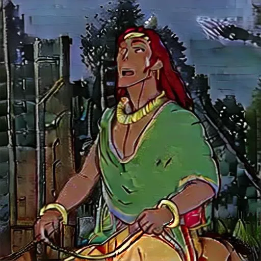 necklace, closed mouth, 1girl, open mouth, man, weapon, looking up, bird, holding, red hair, holding weapon, earrings, anklet, closed eyes, krish4a god, riding, night