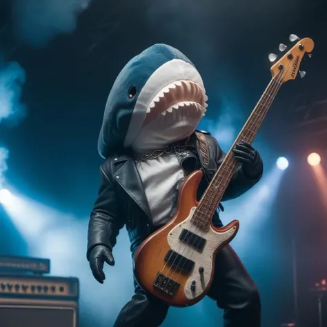 cinematic [photo|oil painting] of a blahaj shark plush toy playing bass guitar on stage in a Gorgoroth concert, leather clothing, bullet belt, realistic, highly detailed, <lora:BlahajXL:1>, smoke pyrotechnics, fog, dark jazz club, <lora:vaporwave_xl-off:0.7> vaporwave style, 35mm photograph, film, bokeh, professional, 4k, highly detailed