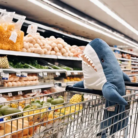 cinematic photo blahaj <lora:BlahajXL:1>, stuffed shark, plush toy, pushing shopping cart, grocery store, 35mm photograph, film, bokeh, professional, 4k, highly detailed