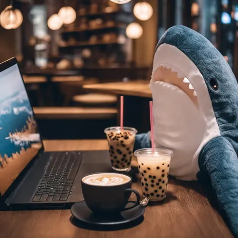 cinematic photo blahaj <lora:BlahajXL:1>, stuffed shark, plush toy in tea shop, working on laptop, bubble tea, 35mm photograph, film, bokeh, professional, 4k, highly detailed