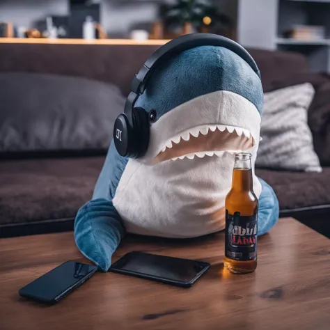 cinematic photo blahaj <lora:BlahajXL:1>, stuffed shark, plush toy in living room, playing videogames, energy drink, headphones, 35mm photograph, film, bokeh, professional, 4k, highly detailed